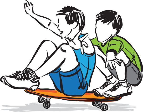 Zwei Jungs auf einem Skateboard