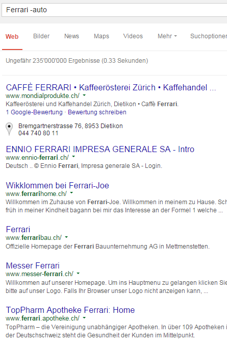 Websuche mit Google: 'Ferrari -auto'