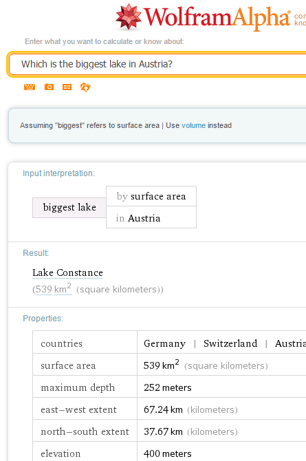 Die Antwort von Wolframalpha auf die Frage 'Which is the biggest lake in Austria?'