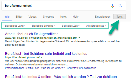 Websuche mit Google - Filteroptionen