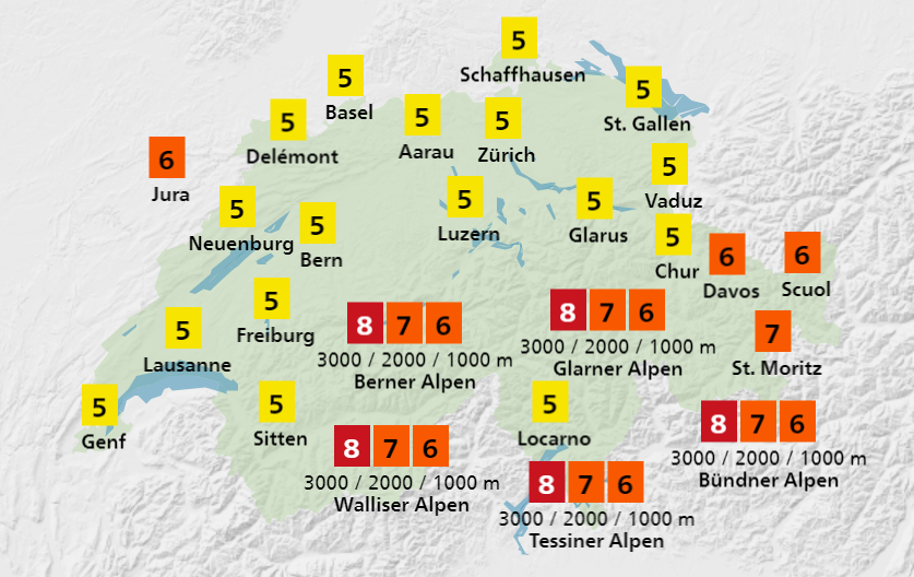 Prognose Meteoschweiz für die UV-Strahlung (UV-Index)