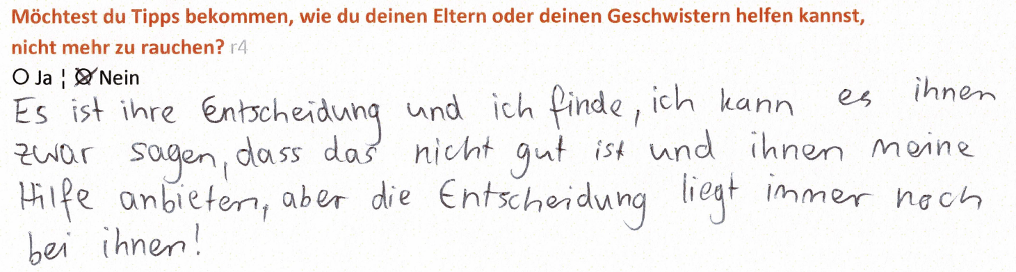 Es ist ihre Entscheidung und ich finde, ich kann es ihnen zwar sagen, dass das nicht gut ist und ihnen meine Hilfe anbieten, aber die Entscheidung liegt immer noch bei ihnen!